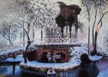 Templete de los Jardinillos característico de Albacete, donde destaca los reflejos del agua cristalizada por el hielo y la luz que penetra en los árboles.