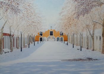 Capilla de la Virgen de los Llanos, en la Feria de Albacete, en una nevada, incidiendo la luz del sol en la nieve con sus sobras y los plataneros.