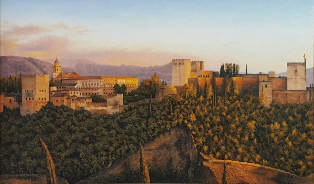 Óleo espectacular de la vista de la Alhambra de Granada desde el mirados de San Nicolas, donde se refleja en su mayor expresión los colores ocres y rojizos.