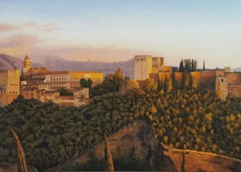 Óleo espectacular de la vista de la Alhambra de Granada desde el mirados de San Nicolas, donde se refleja en su mayor expresión los colores ocres y rojizos.