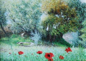 Encinas en primavera sobre las que incide el sol, dando vitalidad y alegría a la pintura, acompañada de esas amapolas entre restos de cebada.