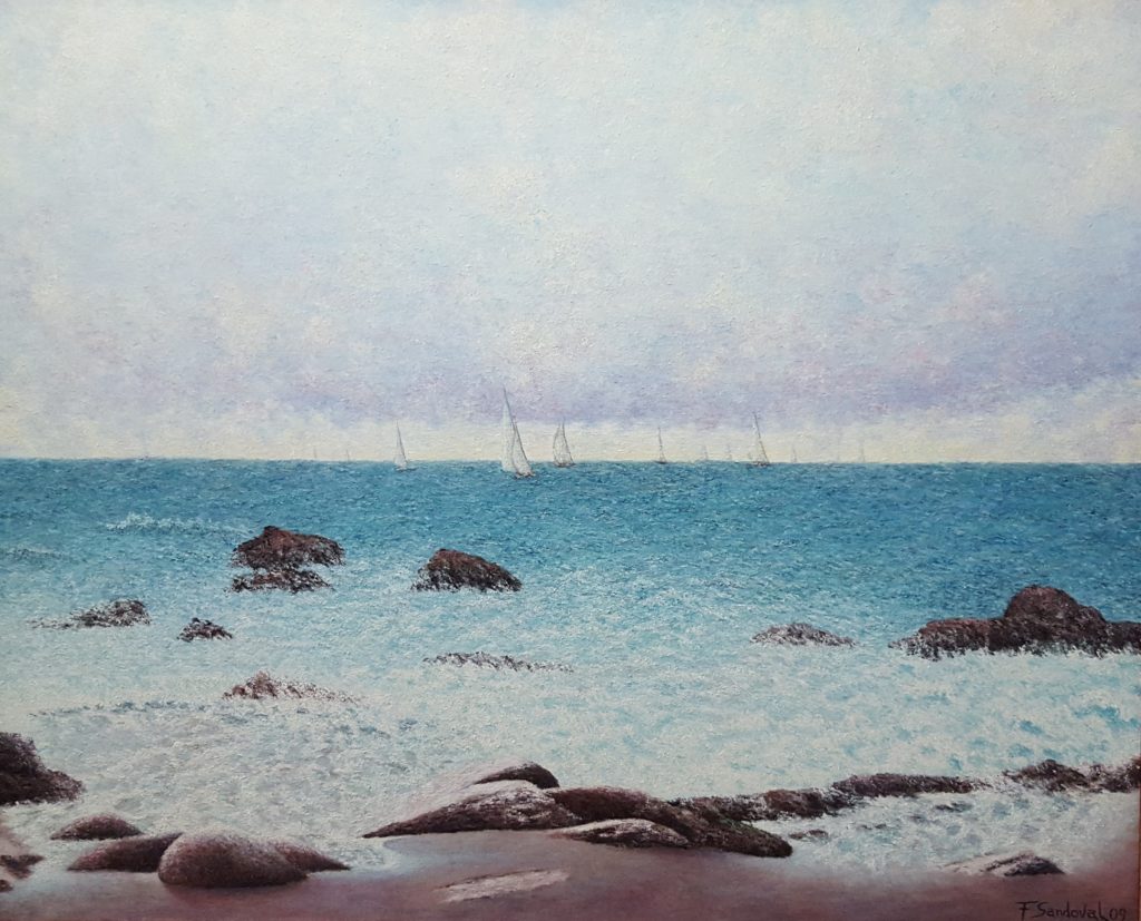 Marina que refleja unos veleros en competición a la lejanía del océano envueltos en una diversidad de colores.