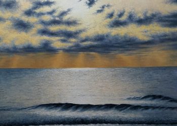 Pintura al óleo de este amanecer en la playa de Carabassí, donde el sol se cuela por cada rendija para iluminar el mar de una manera deslumbrante.