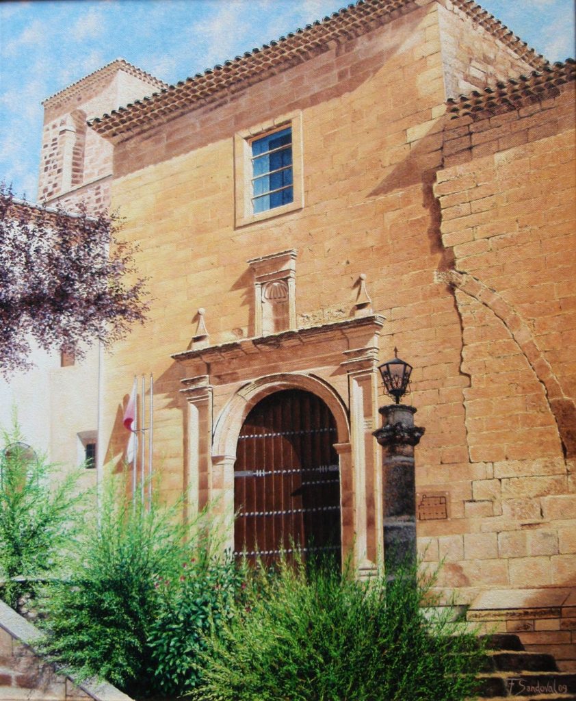 Iglesia de San Miguel, fundada en 1227 en Alcaraz (Albacete). Reseñar la puerta principal y sus muros agrietados produciendo el efecto de las sombras.