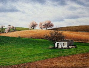 Campo manchego, uno de los paisajes más típicos que se contemplan en La Mancha, con las típicas tierras marrones-rojizas, almendros y su casita de labranza.