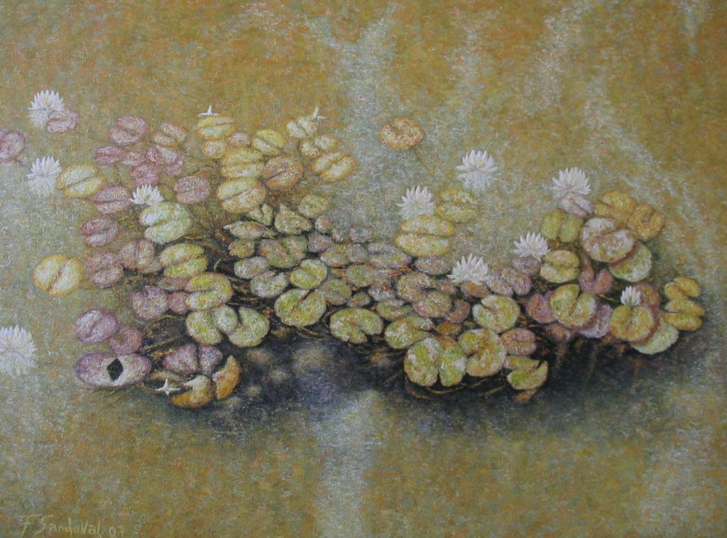 Óleo en el que podemos ver la recreación de unos nenúfares en un estanque con una mezcla de colores verdosos, ocres, amarillos y azulados.