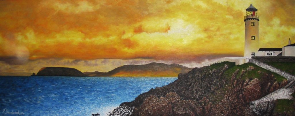 Faro de Fanad-Head en la península de dicho nombre en Donegal – Irlanda. Al contemplar el lienzo destacan los colores amarillentos y rojizos del cielo.
