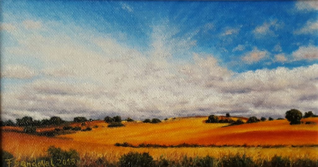 Campo manchego tan típico de las tierras manchegas, con esos colores anaranjados y rojizos, adornados en su paisaje con sus encinas centenarias.